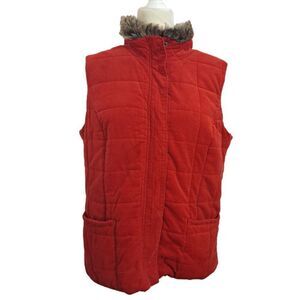 Charter Club Corduroy Puffer Vest Red Faux Fur Collar Women's Large